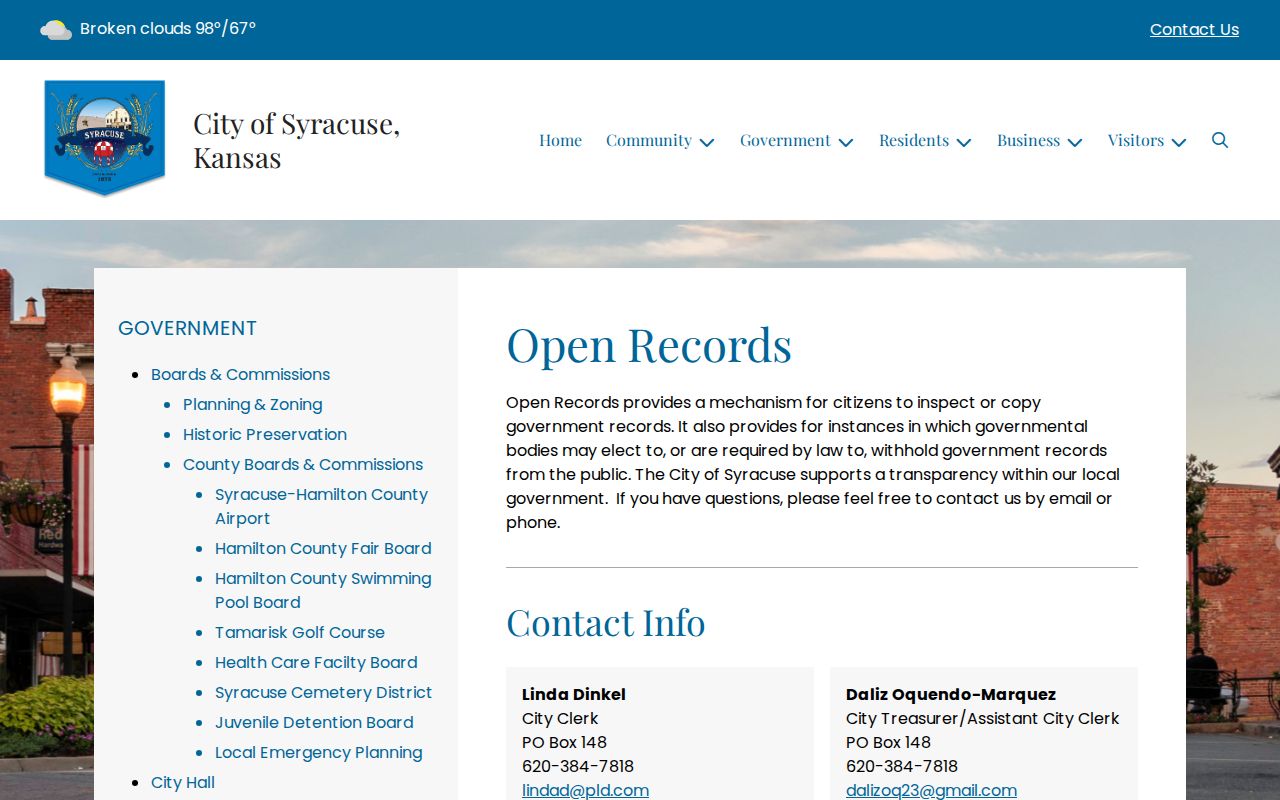 Syracuse Kansas open-records request page for city records
