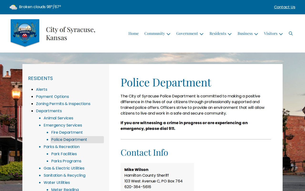 Syracuse police services page identifying Hamilton County Sheriff arrest coverage